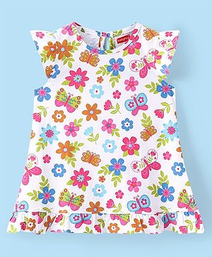 Babyhug Single Jersey Cap Sleeves Nighty Floral & Butterfly Print - White