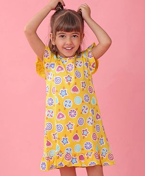 Babyhug Cotton Knit Frill Sleeves Nighty With Candy Print - Yellow
