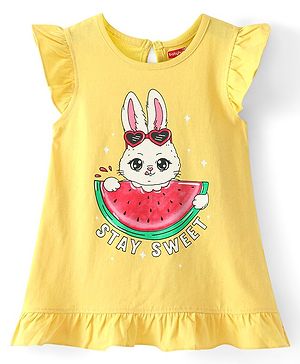 Babyhug Cotton Knit Frill Sleeves Nighty Bunny Print - Yellow
