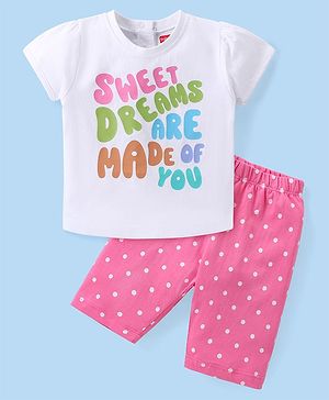 Babyhug Single Jersey Knit Half Sleeves Capri Night Suit With Text Print - White & Pink