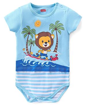 Babyhug 100% Cotton Knit Half Sleeves Striped & Tiger Printed Onesie - Blue