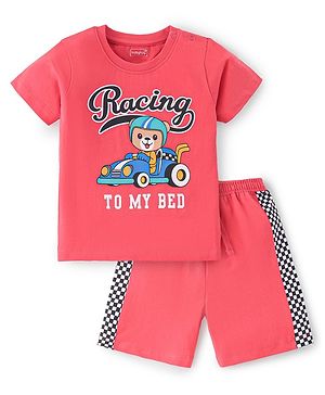 Babyhug Cotton Knit Half Sleeves Night Suit Bear Print - Red