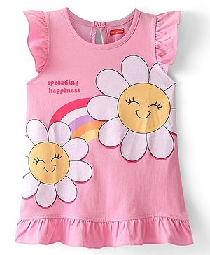 Babyhug Cotton Knit Frill Sleeves Nighty With Floral Print - Pink