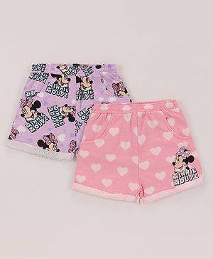 Babyhug Disney Terry Cotton Knit Shorts With Minnie Mouse Print Pack Of 2 - Purple & Pink