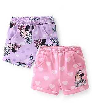 Babyhug Disney Terry Cotton Knit Shorts With Minnie Mouse Print Pack Of 2 - Purple & Pink