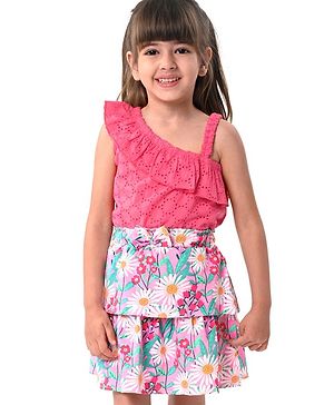 Babyhug 100% Cotton Knit Schiffili Sleeveless Top & Skirt With Floral Print - Pink