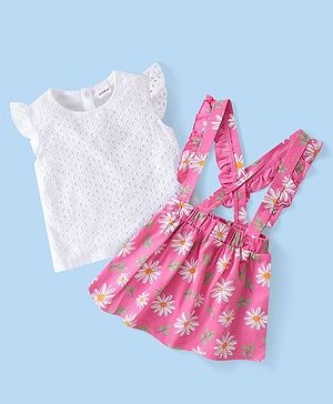 Babyhug Cotton Knit Half Sleeves Tops & Floral Print  Skirt - White & Pink