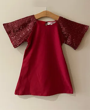 My Pink Closet Half Sleeves  Sequin Embellished  A Line Dress - Red