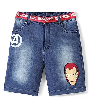 Pine Kids Marvel Denim Above Knee Length Shorts with Belt, Badge Detailing and Avengers Graphics - Blue