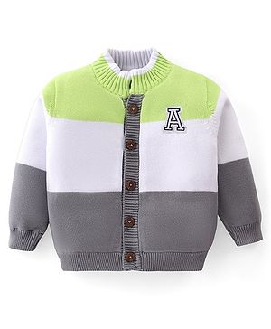 Babyhug Knitted Full Sleeves Front Open Sweater with Alphabet Embroidery & Colour Block Design - Lime & Grey