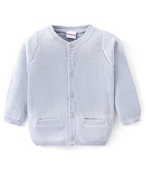 Babyhug Knitted Full Sleeves Front Open Sweater with Pocket Detailing - Sky Blue