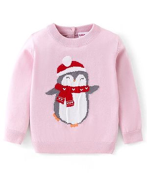 Babyhug Knitted Full Sleeves Sweater with Penguin Design -Pink