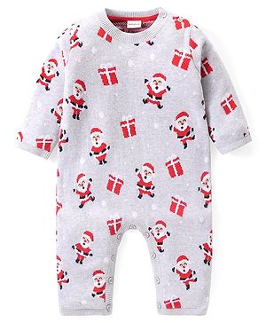 Babyhug Sweater Knit Full Sleeves Winter Wear Romper Christmas Theme - Grey