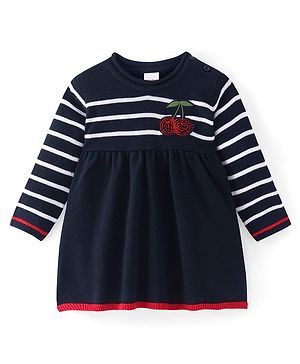 Babyhug Knitted Full Sleeves Striped Woollen Dress with Cherry Embroidery - Navy Blue