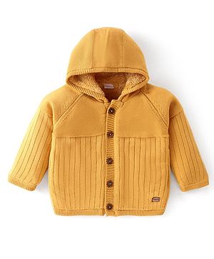 Babyhug Knitted Full Sleeves Front Open Hooded Sweater with Stripe Design - Yellow Babyhug Knitted Full Sleeves Front Open Hooded Sweater with Stripe Design - Yellow