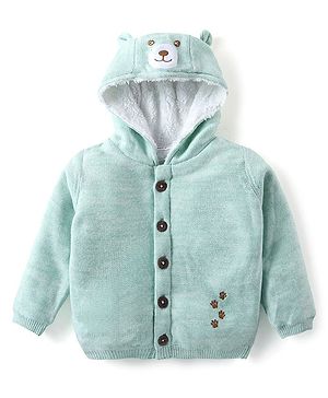 Babyhug Knitted Full Sleeves Front Open Hooded  Sweater with Bear  Design - Mint