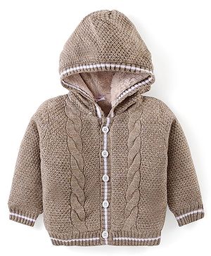 Babyhug Full Sleeves Front Open Cable Knit Hooded Sweater - Beige Babyhug Full Sleeves Front Open Cable Knit Hooded Sweater - Beige