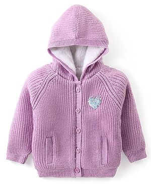 Babyhug Knitted Full Sleeves Front Open Hooded   Sweater with Sequin & Pocket Detailing - Lavender