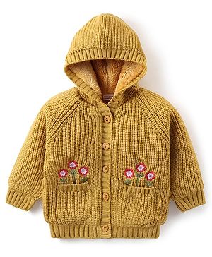 Babyhug Knitted Full Sleeves Front Open Hooded Sweater with Floral  Design & Pockets  - Mustard