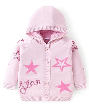 Babyhug Knitted Full Sleeves Front Open Hooded Sweater with Star Design - Pink