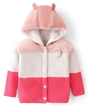 Babyhug Knitted Full Sleeves Front Open Hooded Striped Sweater With Applique - Pink