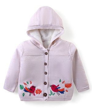 Babyhug Knitted Full Sleeves Front Open Hooded Sweater with Sparrow Embroidery  - Cream