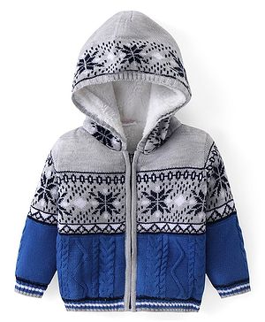 Babyhug Knitted Full Sleeves Front Open Hooded Floral Design Sweater - Grey & Blue