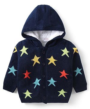 Babyhug Knitted Full Sleeves Front Open Hooded Star Design Sweater - Navy Blue