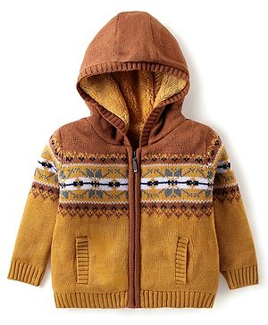 Babyhug Knitted Full Sleeves Hooded Sweater with Winter Carnival Theme Print & Pockets Detailing - Mustard