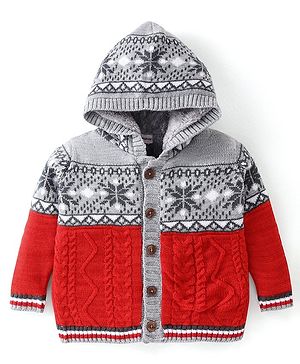 Babyhug Knitted Full Sleeves Front Open Hooded Sweater with Cable Knit Design- Grey & Orange