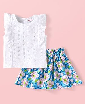 Babyhug 100% Cotton Knit Schiffili Frill Sleeves Top & Skirt With Floral Print - White & Blue