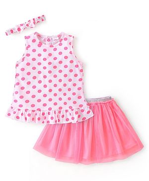 Babyhug 100% Cotton Knit Sleeveless Top & Skirt With Polka Dot Print - White & Pink