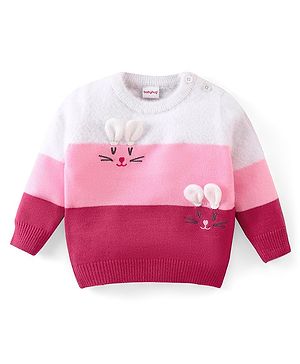 Babyhug Knitted Full Sleeves Sweater Kitty Design - Red Pink & White