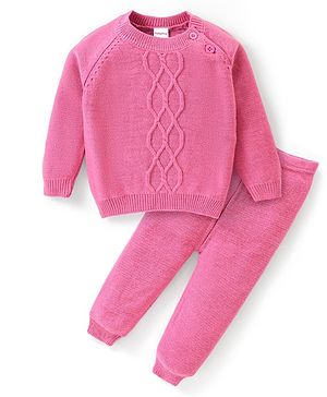 Babyhug Knitted Raglan Sleeves Sweater Set Cable Knit Design Design - Pink
