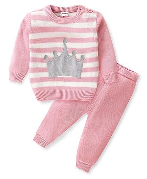 Babyhug Knitted Full Sleeves Sweater Set Stripes & Crown Patch - Pink & White
