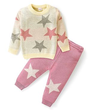 Babyhug Knitted Full Sleeves Baby Sweater Set with Star Design - Pink & White