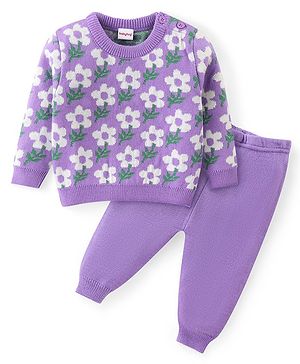 Babyhug Knitted Full Sleeves Baby Sweater Set with Floral Design - Lavender