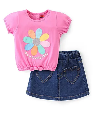 Babyhug Cotton Knit Half Sleeves Floral Print Top & Skirt Set - Pink & Mid Blue
