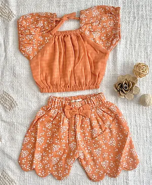 A Toddler Thing  Cotton Half Sleeves Floral Printed Top & Shorts Coordinating Set - Coral