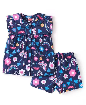 Babyhug 100% Cotton Knit Half Sleeves Top with Frill Detailing & Floral Print - Blue & Pink main image 0