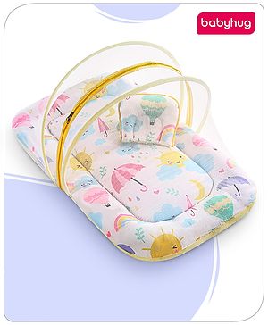 Babyhug Mattress Set With Mosquito Net Sunny Day Theme -  White