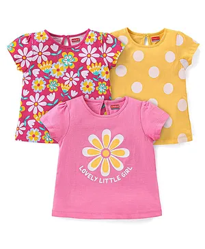 Babyhug Cotton Knit Half Sleeves Top Floral Graphics Pack Of 3 - Pink & Yellow