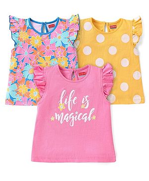 Babyhug Cotton Frill Sleeves Tops With Floral & Polka Dots Print Pack of 3 - Pink & Yellow