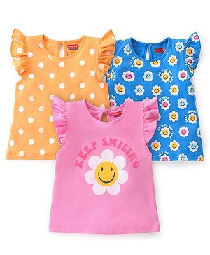 Babyhug Cotton Frill Sleeves Tops With Floral Smiley & Polka Dots Print Pack of 3 - Multicolor