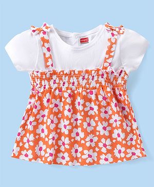 Babyhug Cotton Knit Half  Sleeves Overlap Top with Floral Print & Bow Detailing - White