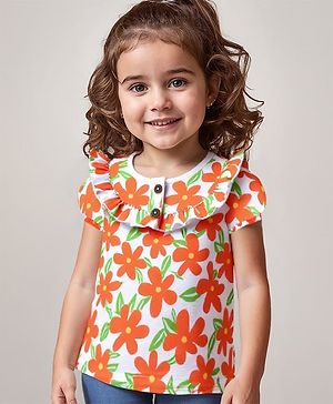 Babyhug 100% Cotton Knit Half Sleeves Top with Frill Detailing Floral Print -Multicolour