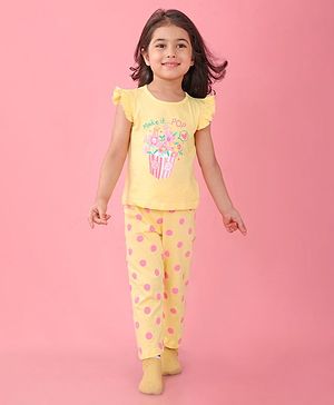 Babyhug Cotton Knit Frill Sleeves Floral Printed Night Suit - Yellow