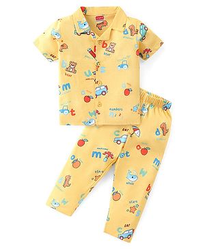 Babyhug Single Jersey Knit Half Sleeves Night Suit with Car & Dino Print - Yellow