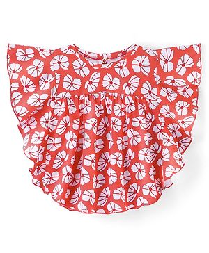 Babyhug Cotton Knit Frill Sleeves Top with Floral Print - Orange