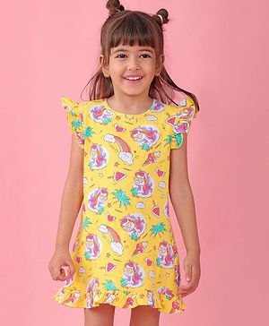 Babyhug Cotton Knit Sleeveless Nighty Unicorn & Watermelon Print - Yellow
